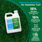 A white plastic bottle of Simple Lawn Solutions Lawn Food 15-0-15 fertilizer placed on green grass, with promotional text on the right detailing its benefits for nitrogen, phosphorus, humic acid, and fish & seaweed support.