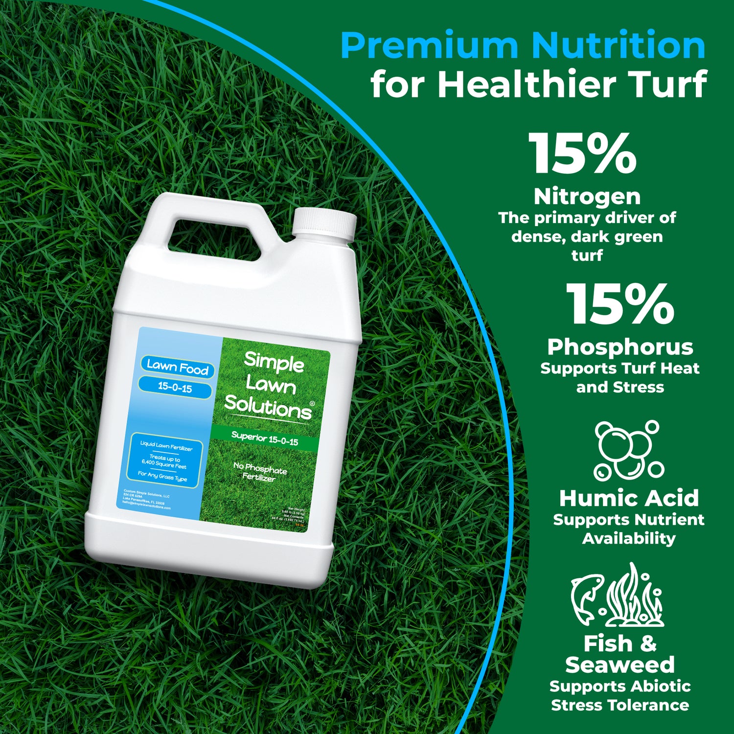 A white plastic bottle of Simple Lawn Solutions Lawn Food 15-0-0-15 fertilizer placed on green grass, with promotional text on the right detailing its nitrogen, phosphorus, humic acid, and fish & seaweed benefits.