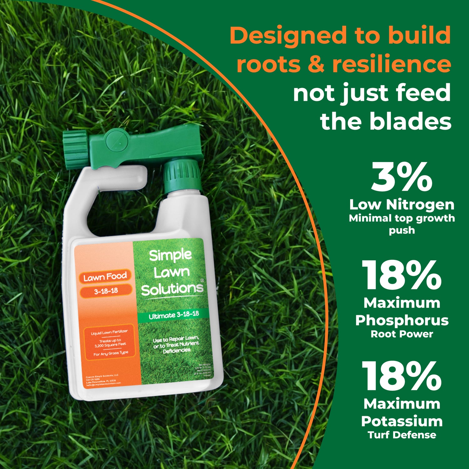 A bottle of Simple Lawn Solutions Ultimate Lawn Food placed on green grass, with promotional text on a dark green background. The bottle has a green sprayer and a label with orange, green, and white sections.