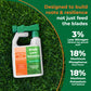 A bottle of Simple Lawn Solutions Ultimate Lawn Food placed on green grass, with promotional text on a dark green background. The bottle has a green sprayer and a label with orange, green, and white sections.