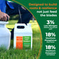 A gallon jug of Simple Lawn Solutions Ultimate 3-15-18 Lawn Fertilizer standing in grass next to a white sprayer, with a person kneeling in the background. The right side has a dark green text panel with product benefits.