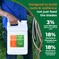 A person in a blue shirt holds a white plastic gallon jug of Simple Lawn Solutions lawn fertilizer. The left side shows the person and a coiled metal hose against a blurred green lawn background, while the right side has a dark green graphic panel with orange and white text about root and turf benefits.