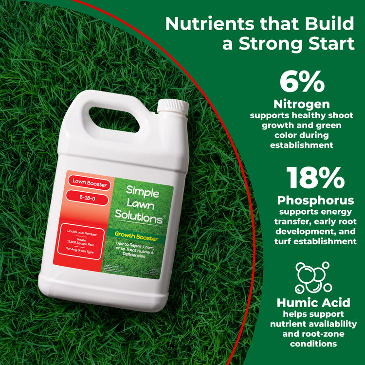 A white plastic bottle of Simple Lawn Solutions Lawn Booster E-18-0 growth booster is shown on green grass against a dark green background with text highlighting key nutrients: 6% nitrogen, 18% phosphorus, and humic acid.