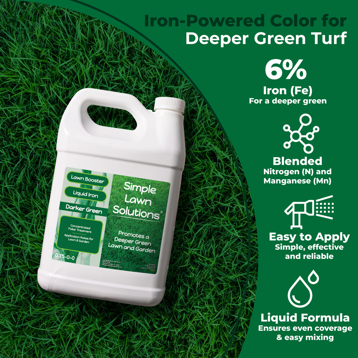 A white plastic bottle of Simple Lawn Solutions Darker Green liquid iron lawn fertilizer with a green and white label, set on a green grass background with promotional text on a dark green graphic panel.