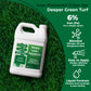 A white plastic bottle of Simple Lawn Solutions Darker Green liquid iron lawn fertilizer with a green and white label, set on a green grass background with promotional text on a dark green graphic panel.