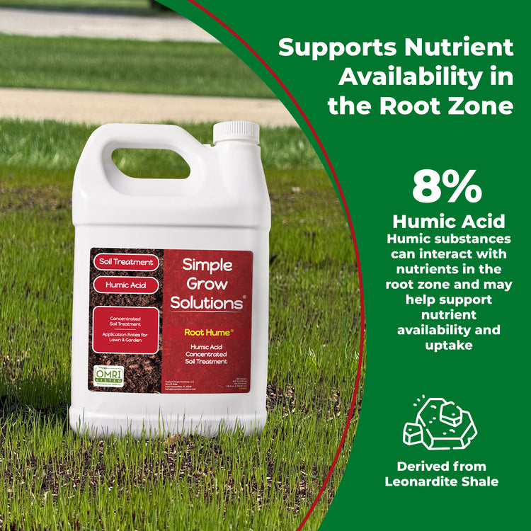 A white plastic jug of Simple Grow Solutions Root Hume 8% Humic Acid lawn treatment standing on grass, with a green promotional text panel on the right explaining benefits and origin.