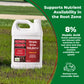 A white plastic jug of Simple Grow Solutions Root Hume 8% Humic Acid lawn treatment standing on grass, with a green promotional text panel on the right explaining benefits and origin.