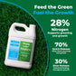 A white plastic bottle of Simple Lawn Solutions Extreme 28-0-0 Lawn Food placed on green grass, with a dark green promotional background containing text about nitrogen and quick-release/slow-release benefits.