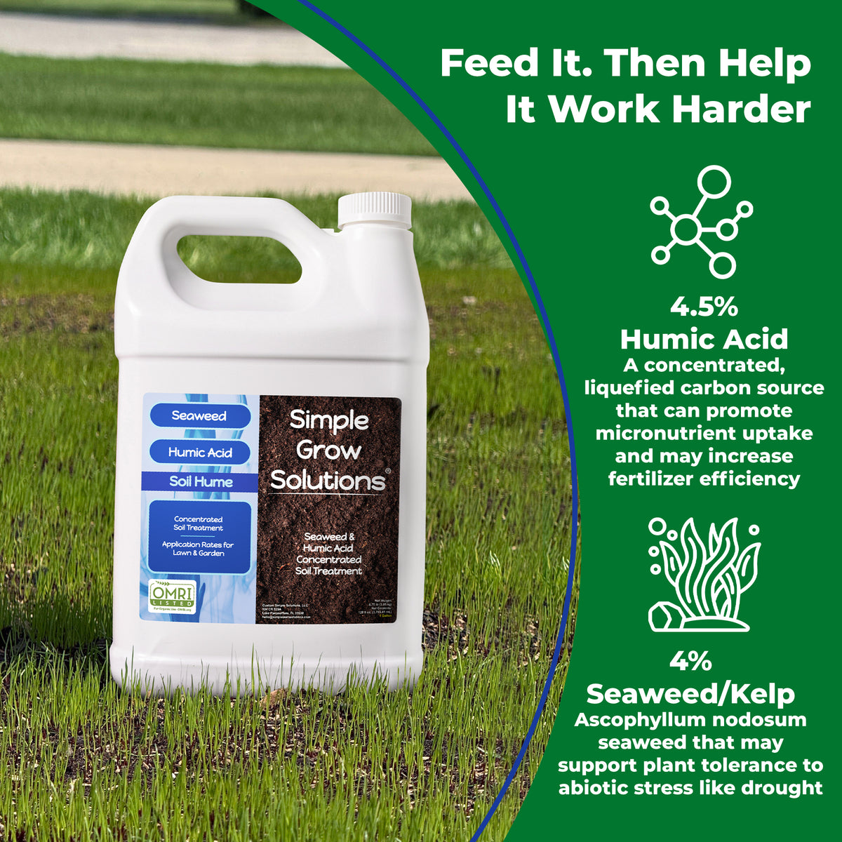 A white plastic jug of Simple Grow Solutions Seaweed Humic Acid Soil Humus fertilizer placed on green grass, with a green informational graphic overlay on the right detailing product benefits.