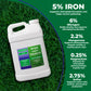A white plastic jug of Lawn Energizer Simple Lawn Solutions 5-0-0 lawn fertilizer shown on a green grass background with a dark green text panel listing nutrient percentages: 5% iron, 6% nitrogen, 2.2% manganese, 0.
