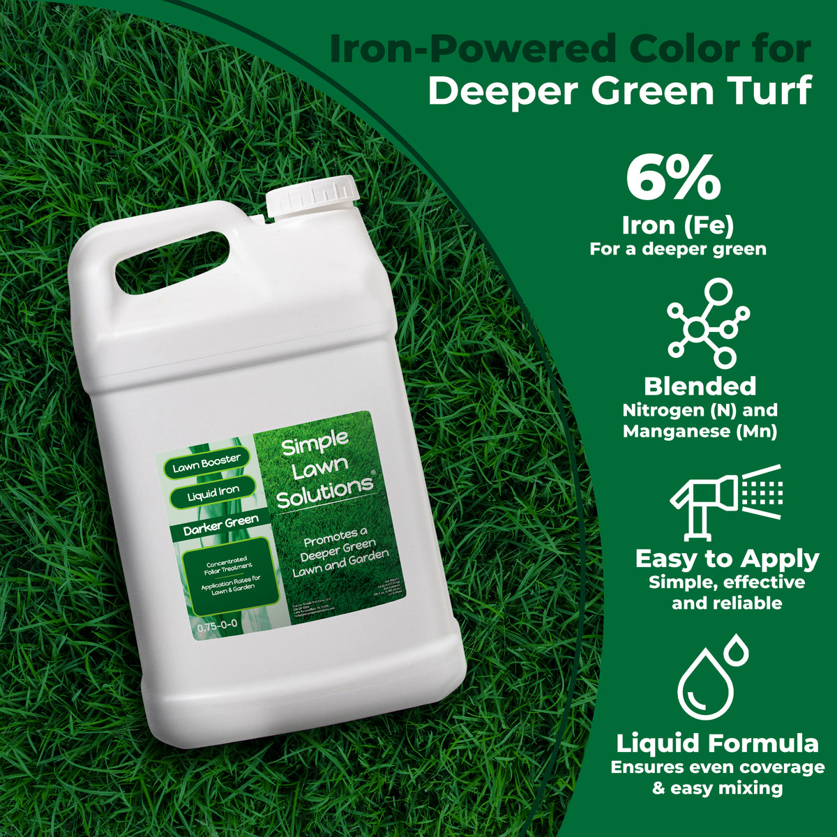 A white plastic jug of Simple Lawn Solutions lawn care product placed on green grass, with promotional text on the right describing iron-powered color for deeper green turf and key benefits.