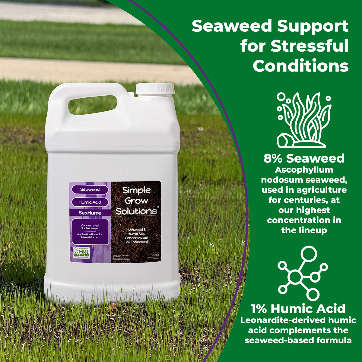 Sea Hume pictured on a seeded lawn with informational text indicating 8% seaweed concentrate and 1% humic acid.