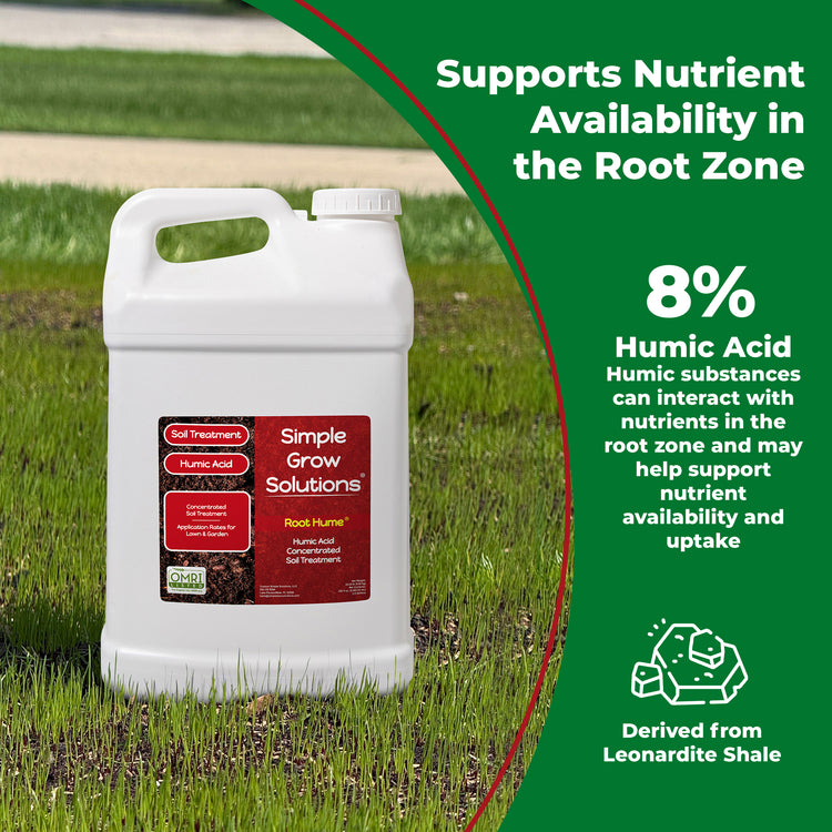 A white plastic jug of Simple Grow Solutions Root-Humate 8% Humic Acid lawn treatment placed on grass, with a green informational graphic overlay on the right explaining benefits.