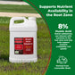 A white plastic jug of Simple Grow Solutions Root-Humate 8% Humic Acid lawn treatment placed on grass, with a green informational graphic overlay on the right explaining benefits.