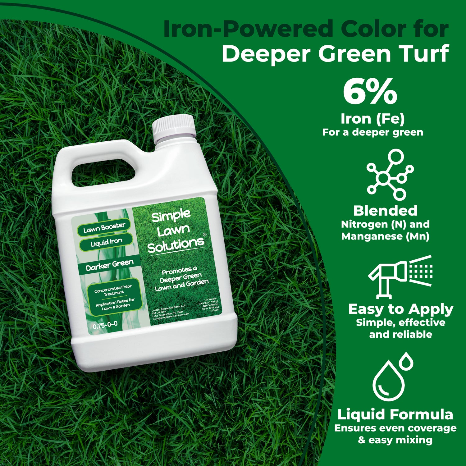 A white plastic bottle of Simple Lawn Solutions Lawn Iron & Fertilizer with a green label, set on a green grass background with promotional text highlighting 6% iron and benefits for deeper green turf.