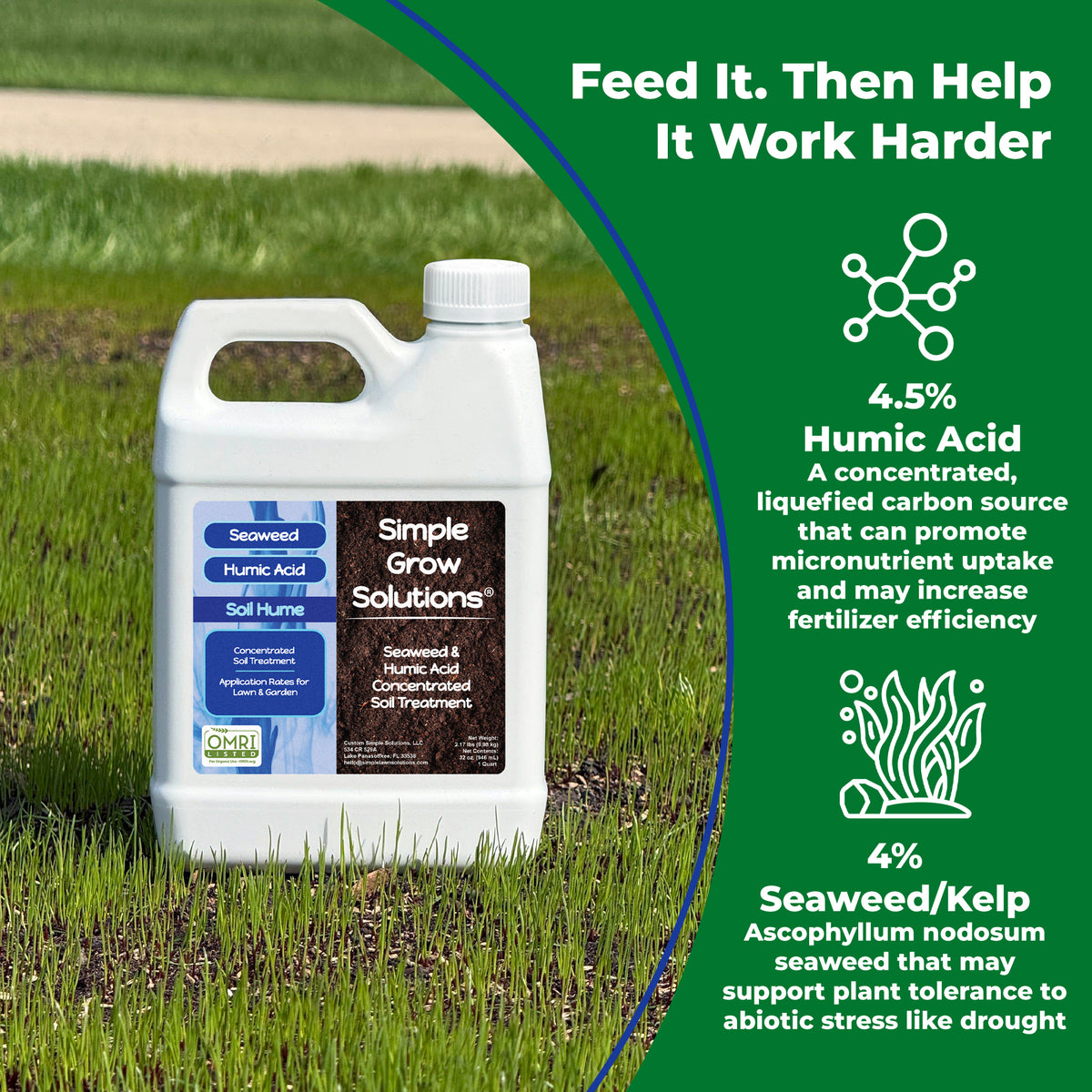 A white plastic bottle of Simple Grow Solutions Seaweed & Humic Acid Concentrated Soil Treatment sits on green grass. The left side of the image features a green background with product details, including &