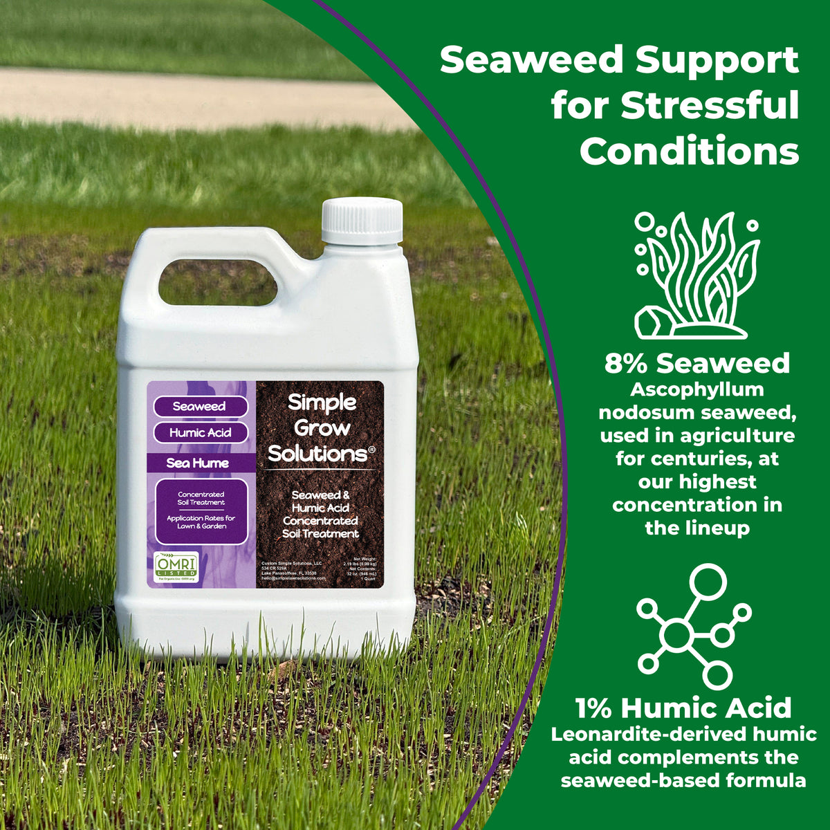A white plastic bottle of Simple Grow Solutions Seaweed & Humic Acid Concentrate Soil Treatment stands on grass in a field. The bottle has a purple and black label.