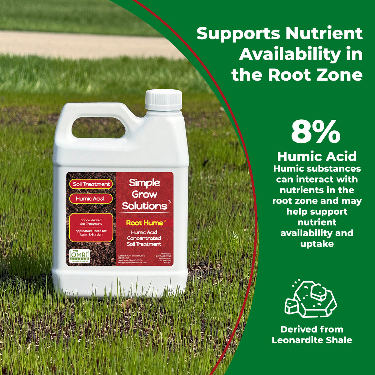 A white plastic bottle of Simple Grow Solutions Root Hume 8% Humic Acid concentrated soil treatment stands on grass. The left side shows the bottle against a grassy field, while the right side has a large green informational panel with white text about supporting nutrient availability in the root zone and 8% humic acid.