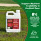 A white plastic bottle of Simple Grow Solutions Root Hume 8% Humic Acid concentrated soil treatment stands on grass. The left side shows the bottle against a grassy field, while the right side has a large green informational panel with white text about supporting nutrient availability in the root zone and 8% humic acid.