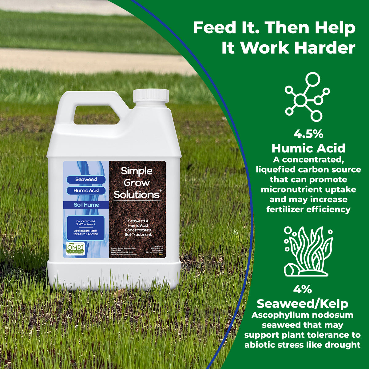 A white plastic jug of Simple Grow Solutions Seaweed Humic Acid Soil Humus fertilizer placed on green grass, with a dark green text panel on the right explaining product benefits including 4.5% humic acid and 4% seaweed/kelp.