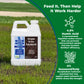 A white plastic jug of Simple Grow Solutions Seaweed Humic Acid Soil Humus fertilizer placed on green grass, with a dark green text panel on the right explaining product benefits including 4.5% humic acid and 4% seaweed/kelp.
