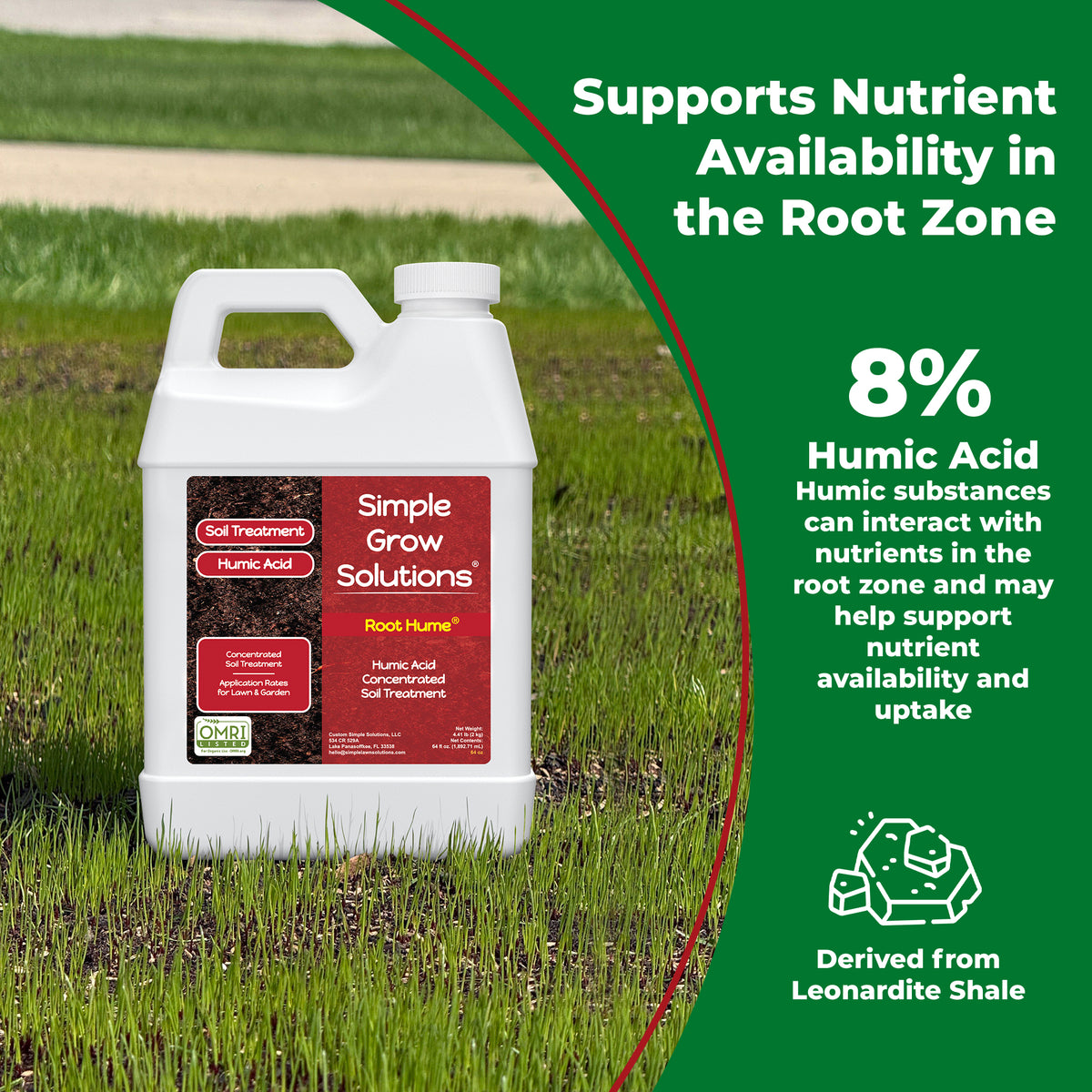 A white plastic jug of Simple Grow Solutions Root Humic Acid soil treatment stands on grass with a large green and white informational graphic overlay. The graphic highlights the product&