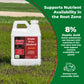 A white plastic jug of Simple Grow Solutions Root Humic Acid soil treatment stands on grass with a large green and white informational graphic overlay. The graphic highlights the product&