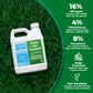 A bottle of Simple Lawn Solutions Lawn Food 16-4-5 fertilizer shown on a green grass background with informational text on the right detailing nutrient benefits.