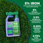 A bottle of Simple Lawn Solutions Lawn Energizer lawn booster fertilizer is shown on artificial green grass with large text callouts listing key nutrients: 5% iron, 6% nitrogen, 2.2% manganese, 0.