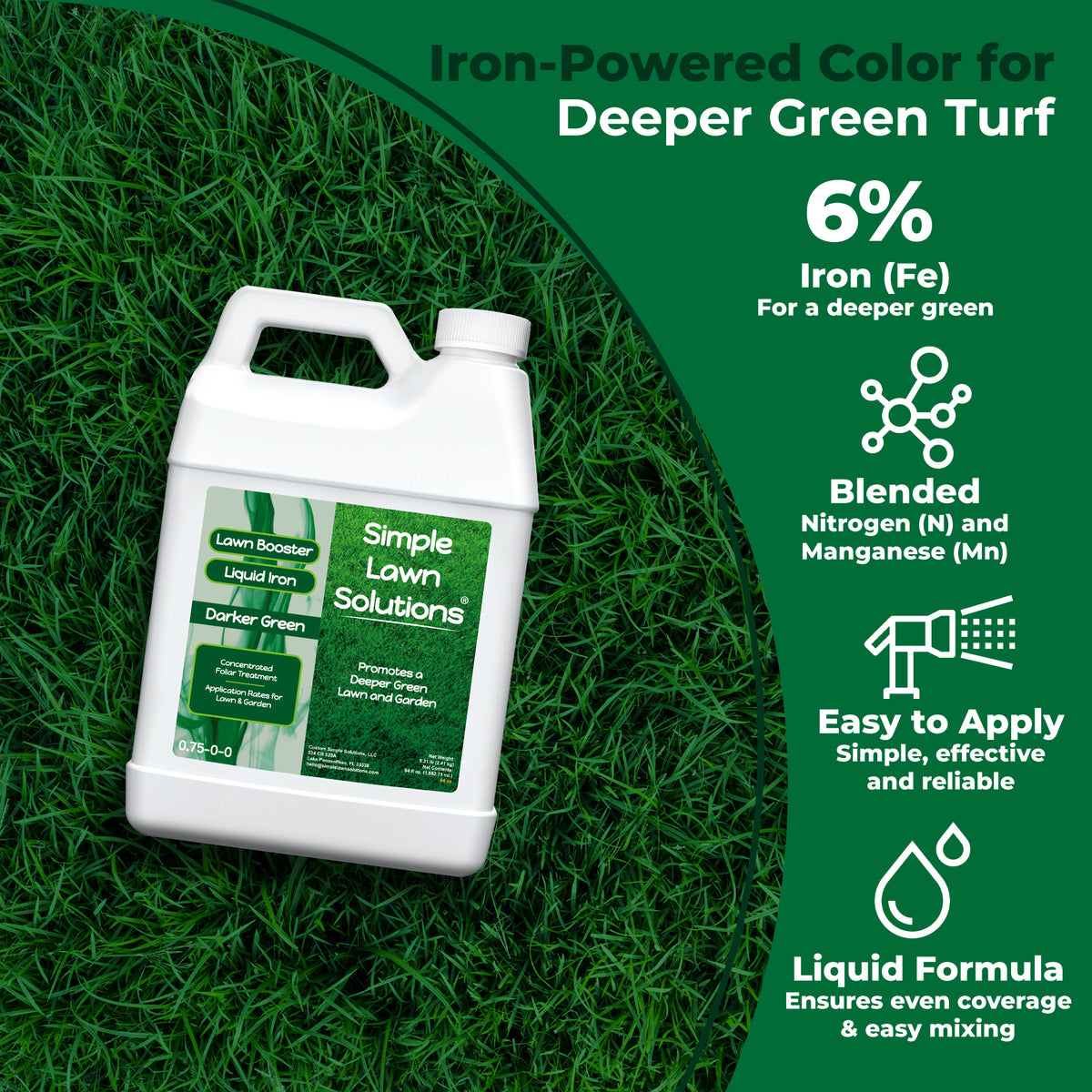 A white plastic jug of Simple Lawn Solutions Darker Green liquid iron fertilizer is shown on a green grass background with promotional text on the right detailing its iron-powered color for deeper green turf.