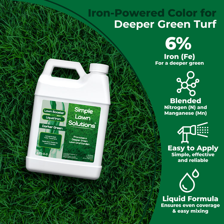 A white plastic jug of Simple Lawn Solutions Darker Green liquid iron fertilizer is shown on a green grass background with promotional text on the right detailing its iron-powered color for deeper green turf.