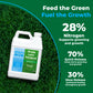 Half gallon of 28-0-0 high nitrogen lawn food in front of a green grass background, &