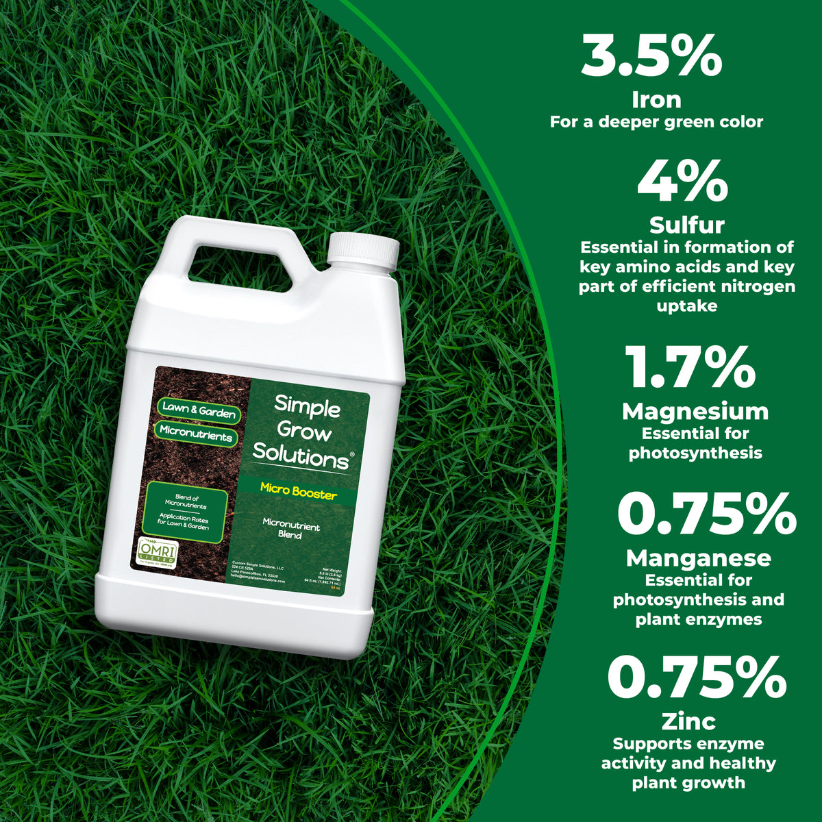 Micro Booster on top of a green lawn with nutrients iron, sulfur, magnesium, manganese, and zinc.