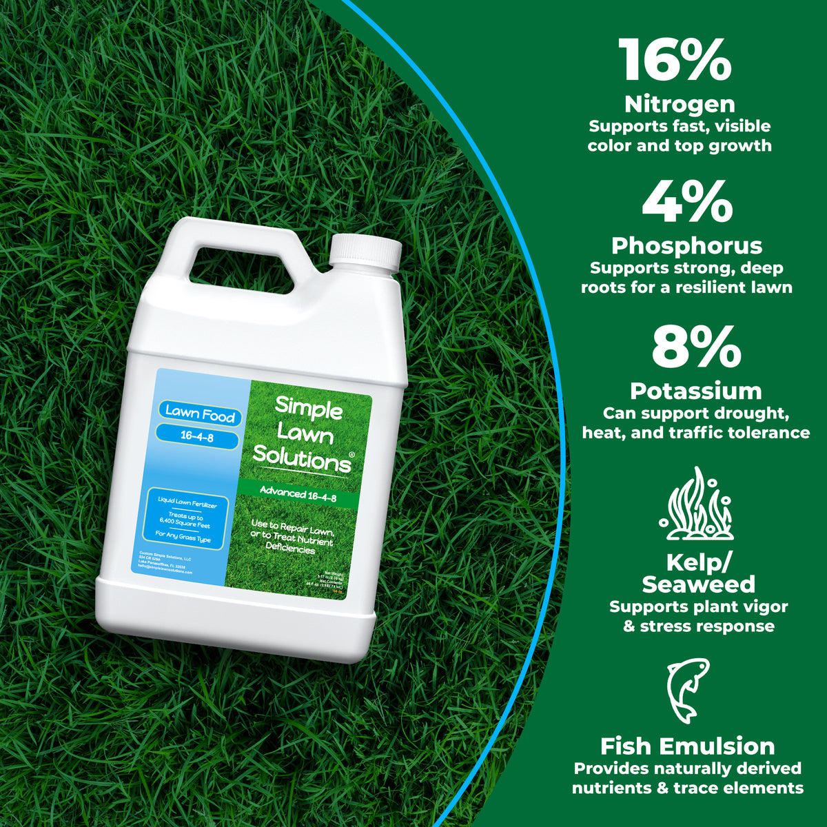 A white plastic bottle of Simple Lawn Solutions ST-4-9 lawn food placed on green grass, with a dark green informational panel on the right listing nutrient claims: 16% nitrogen, 4% phosphorus, 8% potassium, kelp/seaweed, and fish emulsion.
