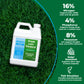 A white plastic bottle of Simple Lawn Solutions ST-4-9 lawn food placed on green grass, with a dark green informational panel on the right listing nutrient claims: 16% nitrogen, 4% phosphorus, 8% potassium, kelp/seaweed, and fish emulsion.