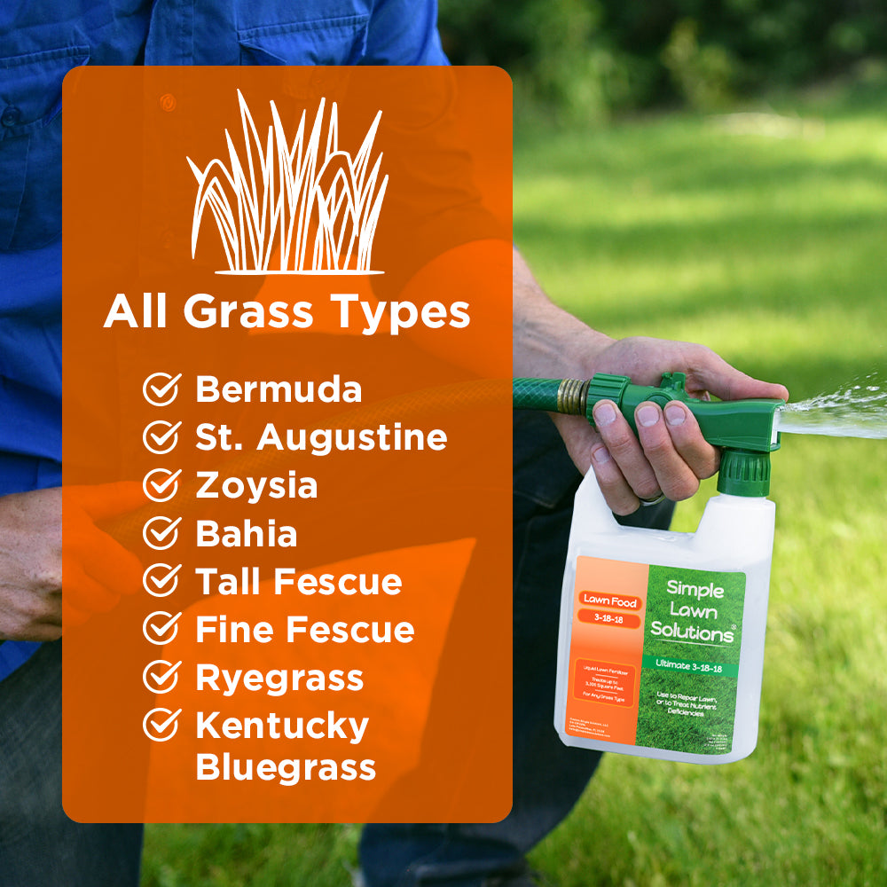 Man applying 3-18-18 hose-end fertilizer to lawn with text indicating that the fertilizer can be used on all grass types