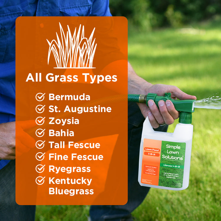 Man applying 3-18-18 hose-end fertilizer to lawn with text indicating that the fertilizer can be used on all grass types