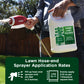 Hose-end sprayer applying liquid fertilizer to lawn