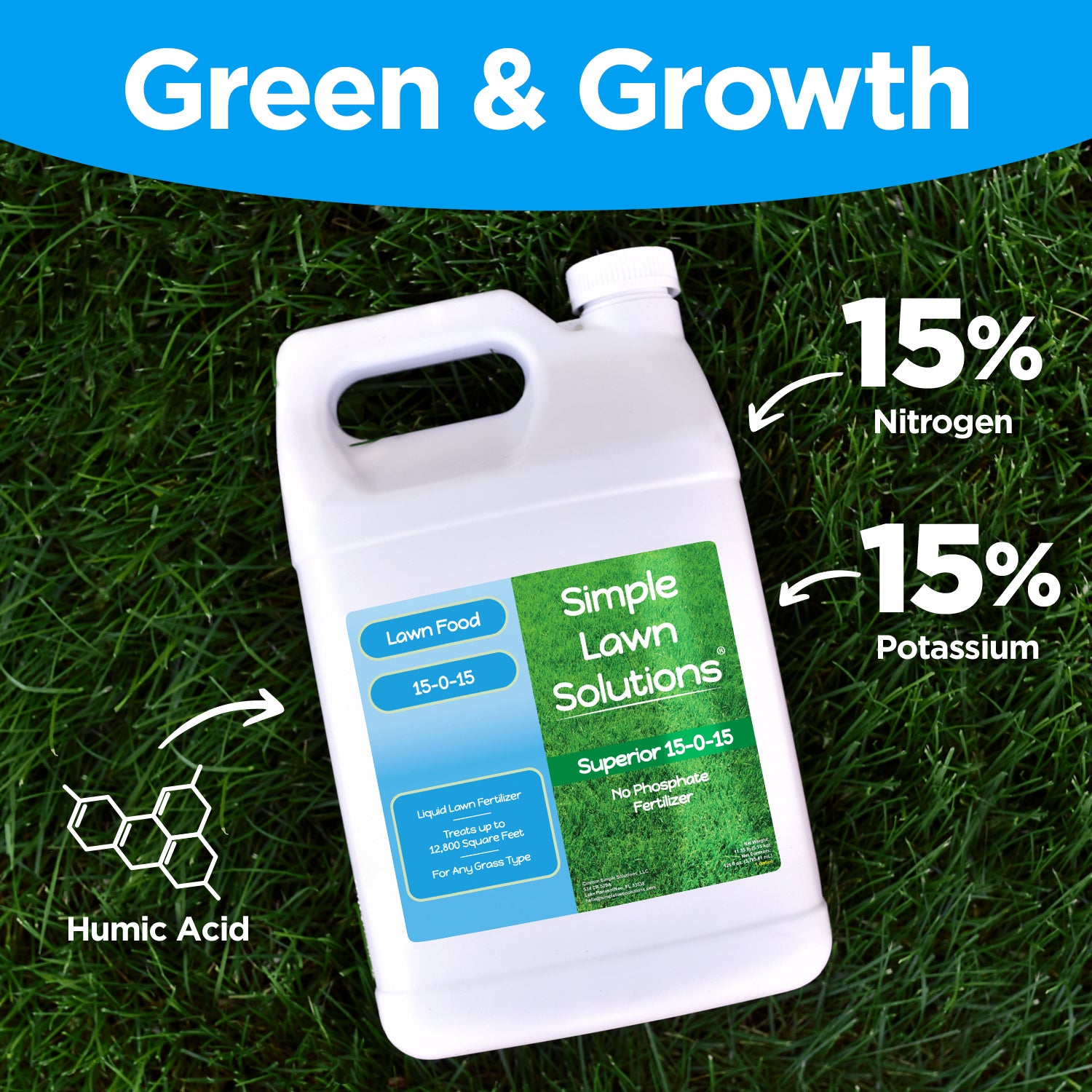 organic liquid fertilizer nutrient content Simple Lawn Solution Superior 15-0-15 Liquid Lawn Fertilizer - Lawn Food for Growth & Green - Nitrogen, Potassium, Humic, Fish & Seaweed