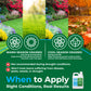 A promotional graphic for a lawn care product showing split seasonal photos of grass in spring/summer and fall, with text about warm-season and cool-season grasses, application times, usage warnings, and a bottle of the product on a dark green background.