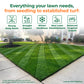 A green, striped lawn shown in a suburban front yard setting with a driveway, sidewalk, trees, and house in the background. Large text at the top reads &