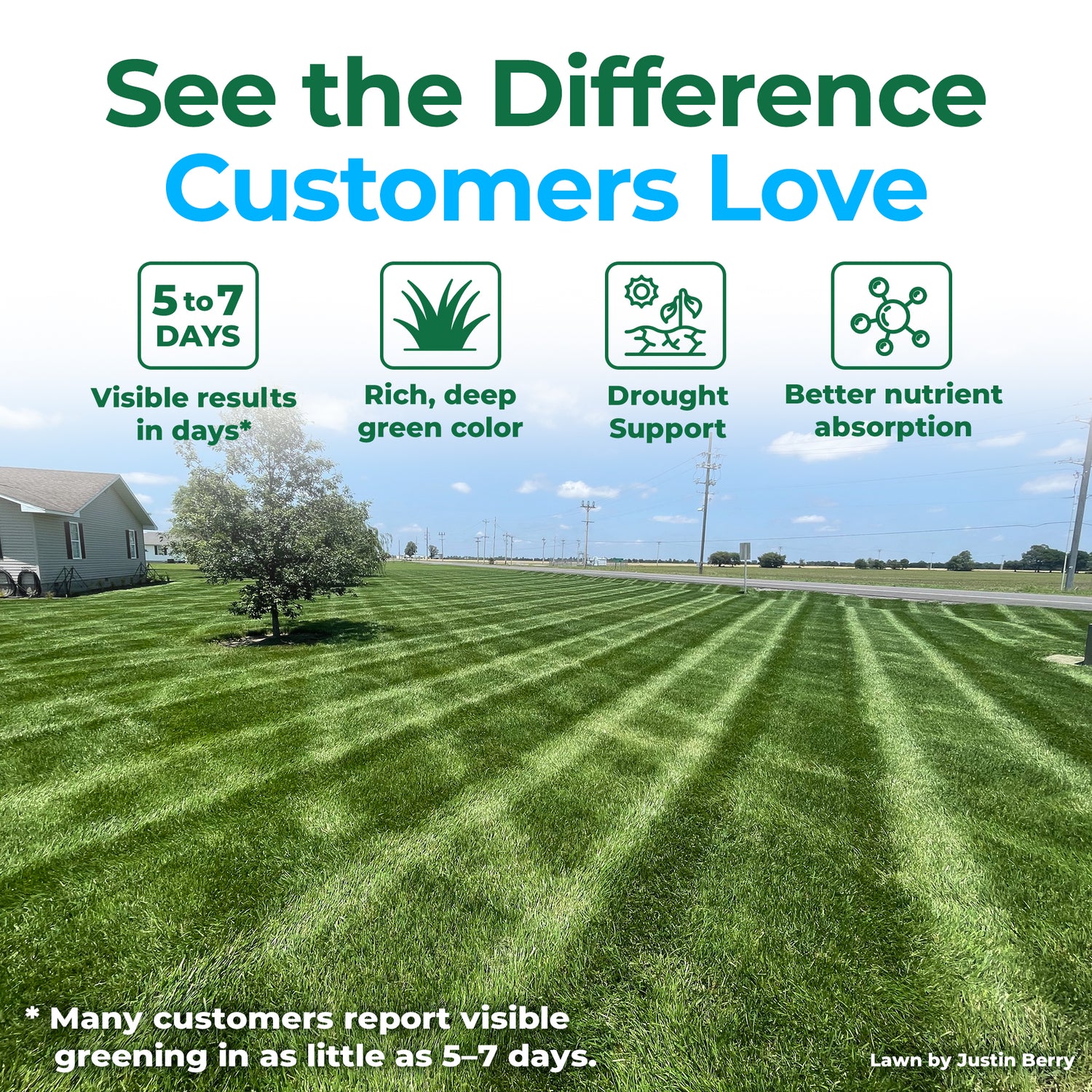 A promotional lawn care graphic showing a freshly mowed green lawn with visible stripe patterns, a house and tree at left, and large text reading &