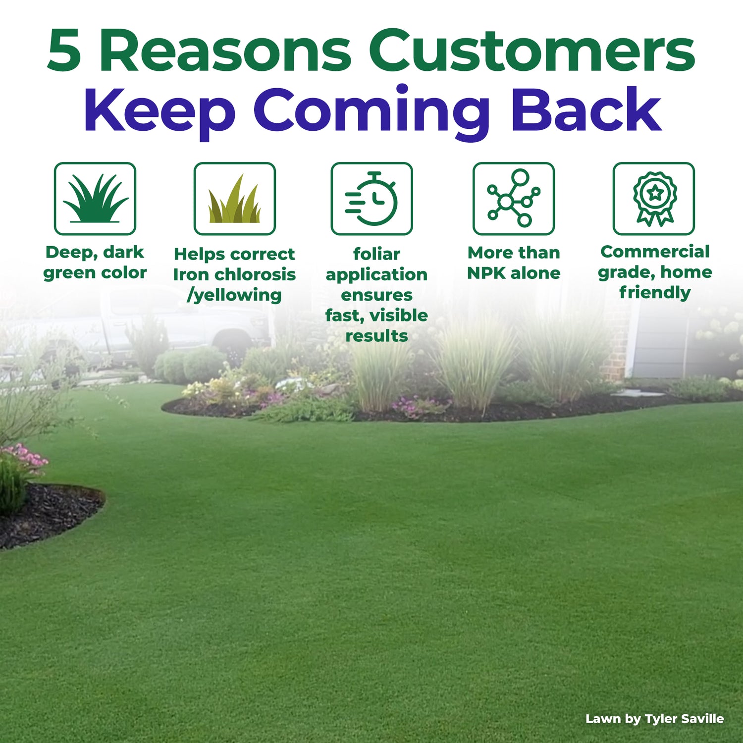 Promotional graphic for a lawn care product showing a green lawn with landscaping in the background. Large text at the top reads &
