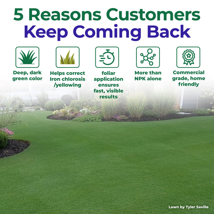 Promotional graphic for a lawn care product showing a green lawn with landscaping in the background. Large text at the top reads &