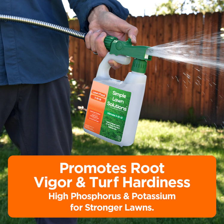 Man applying 3-18-18 ready-to-use liquid fertilizer to lawn with text that says, "promotes root vigor and turf hardiness, high phosphorus and potassium for stronger lawns"