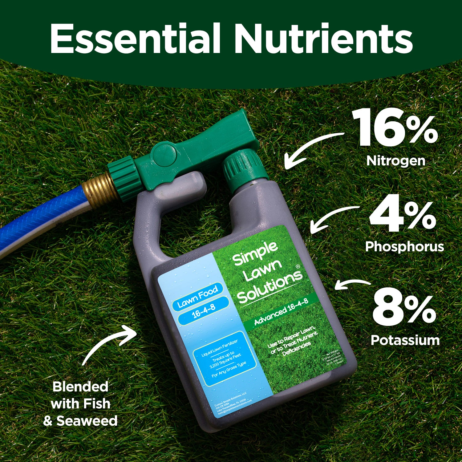 Liquid NPK fertilizer 16% nitrogen, 4% phosphorus, 8% potassium with seaweed and fish.