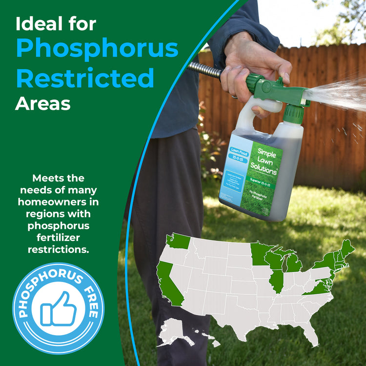 A promotional graphic for Simple Lawn Solutions phosphorus-free garden sprayer. The image features a person watering a lawn with the sprayer, set against a green background with informational text, a US map highlighting phosphorus-free zones, and a &