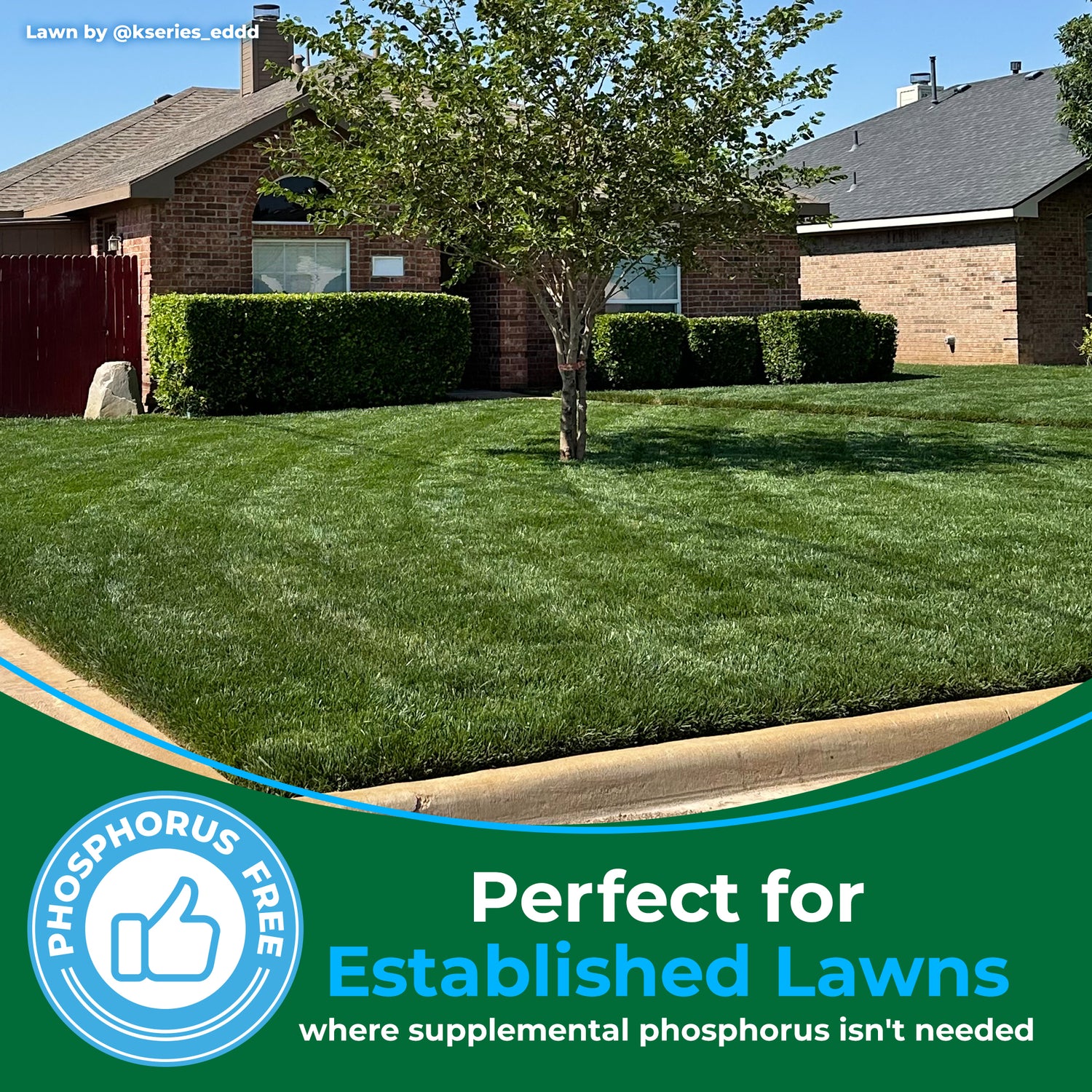 A green, well-maintained residential lawn in front of a brick house, with a tree in the center and a green promotional banner at the bottom that reads &