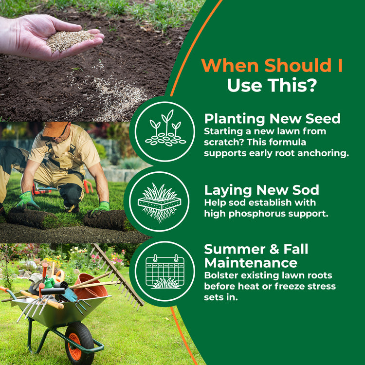 An informational lawn care graphic with a dark green background and text reading &