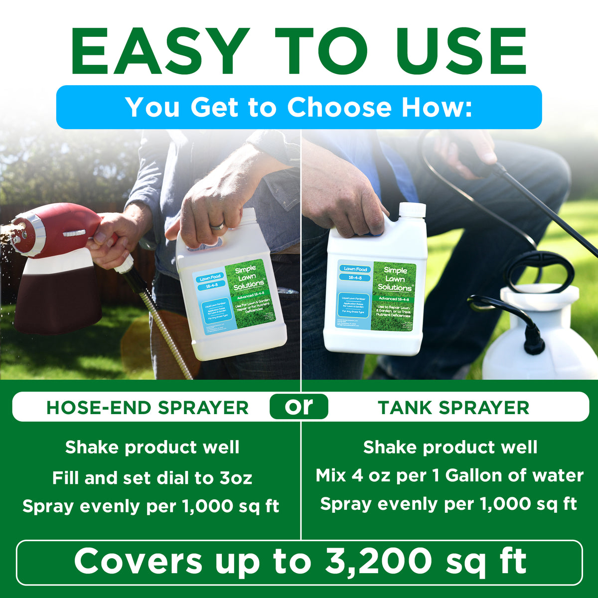 Promotional graphic for a Simple Lawn Solution herbicide bottle, showing two ways to use it: hose-end sprayer and tank sprayer. The image features a split-screen demonstration with a person in a grassy yard, text explaining usage, and coverage details up to 3,200 sq ft.